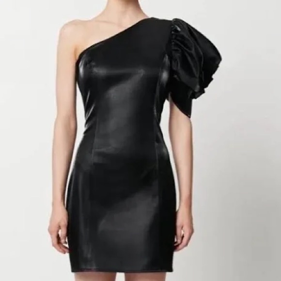 Elliatt One-Shoulder Faux Leather Mini Dress | Puff Sleeve Black Cocktail S - Picture 2 of 10